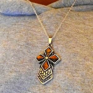 African Tiger's Eye Cross Pendant Necklace Stainless Steel